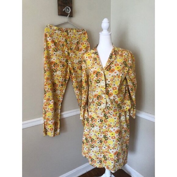 Vintage Risa Tag Size 18 Three Piece Suit Orange Yellow Floral Cotton Retro READ - Picture 1 of 12